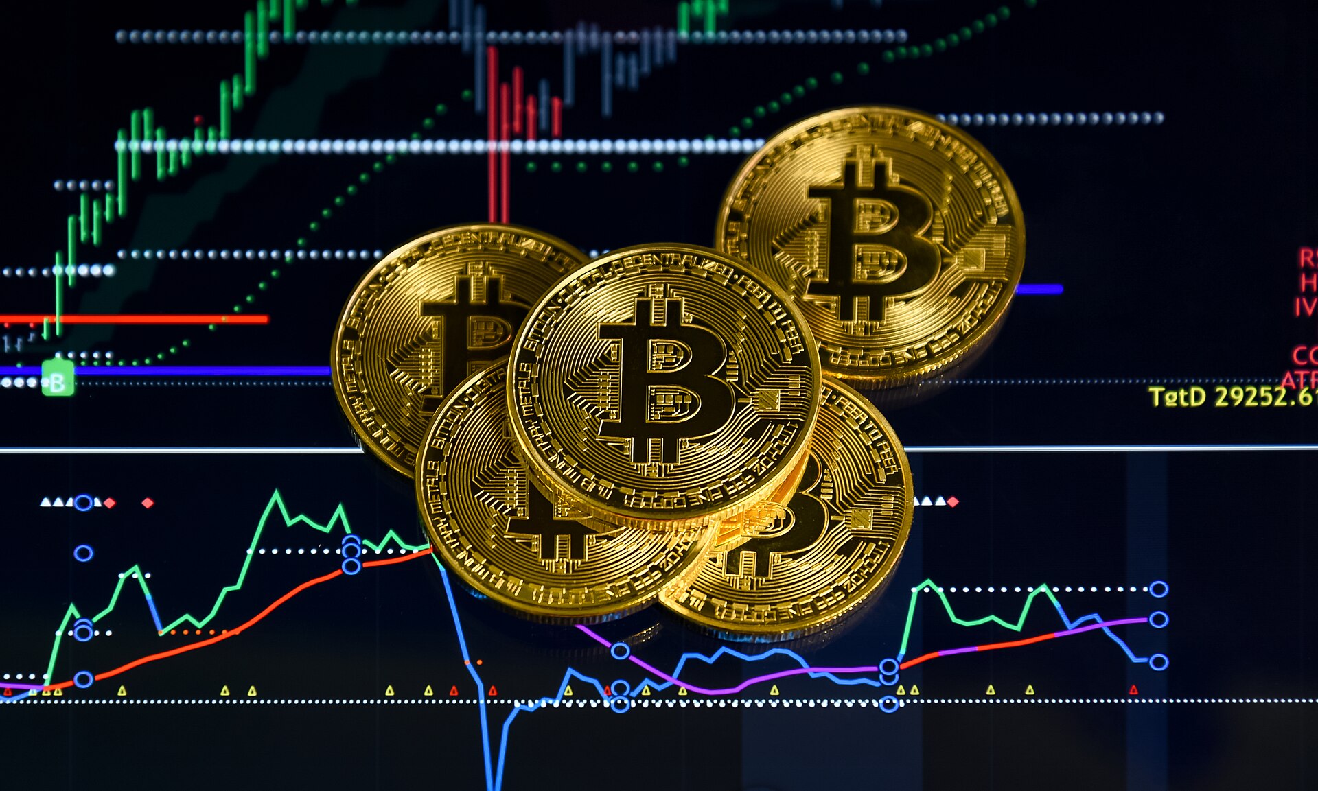 Physical bitcoin coins on a table
